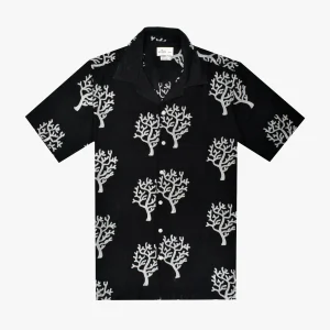 Camisa Cubana Lino Bordado Corales Negro - Gris