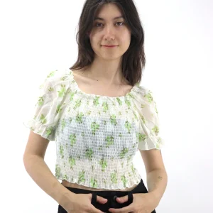 Blusa manga abullonada ajustada con estampado floral y fruncido